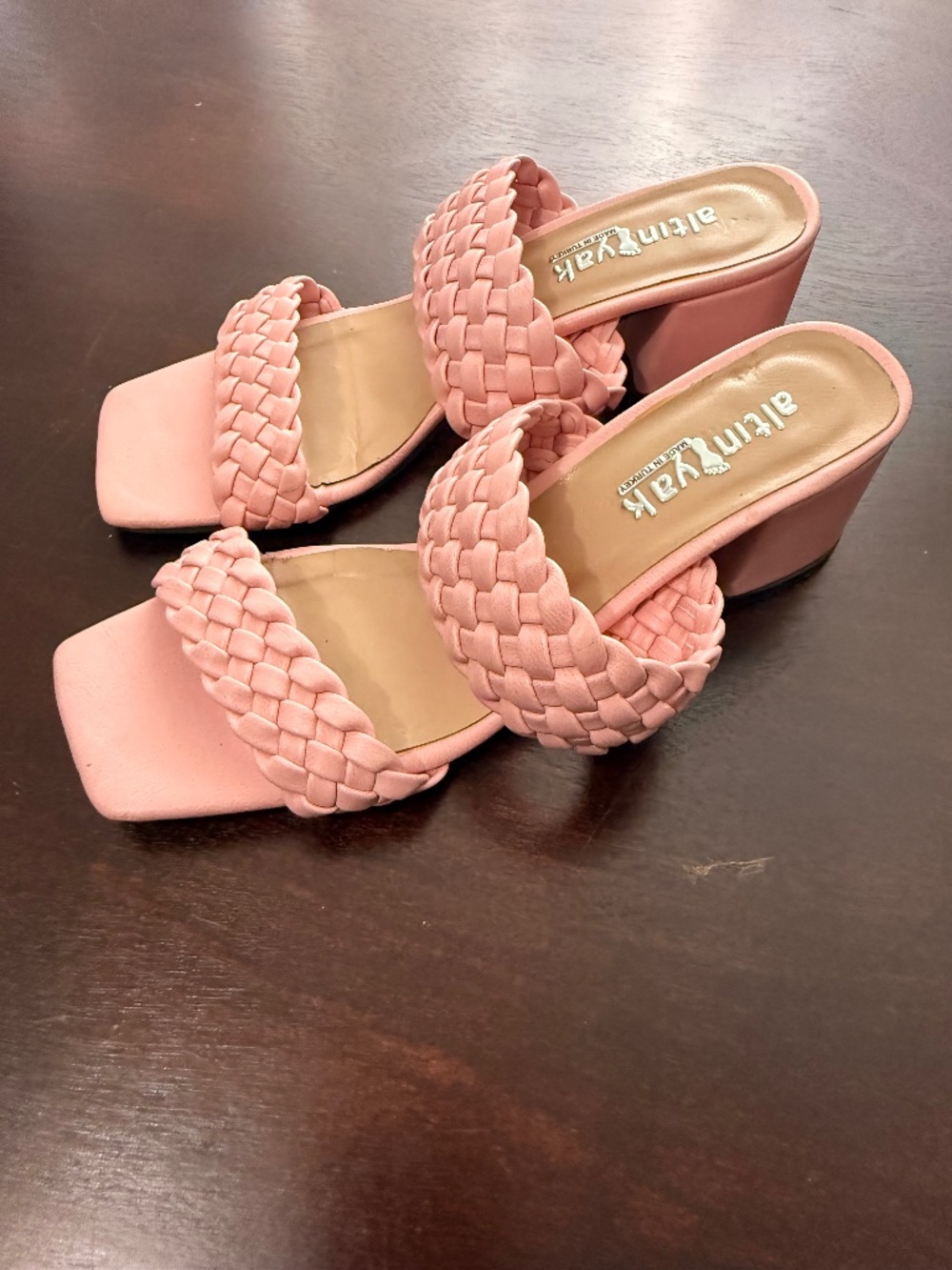 Altin Yak Pink Woven Leather Block Heel Sandals Size 38 (US 7.5-8)